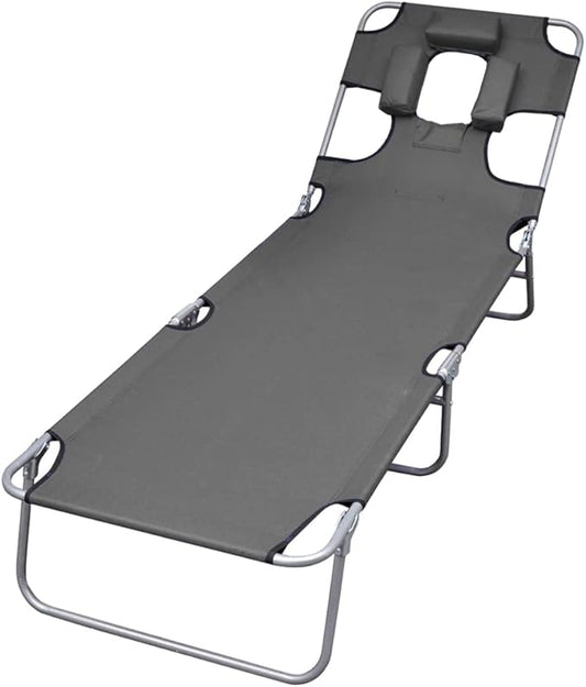 Folding Grey Outdoor Lounge Chair 74.4" 600D Oxford Chaise Adjustable Backrest Steel Frame 265 lb Portable for Garden Patio Pool
