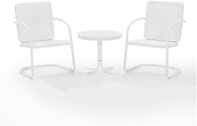 Pemberly Row 3 Piece Metal Outdoor Chair Set, Steel Construction, White Gloss Finish, Retro Patio Furniture with Basket Weave Design, Weatherproof for Small Spaces, Porch, Balcony or Patio Use