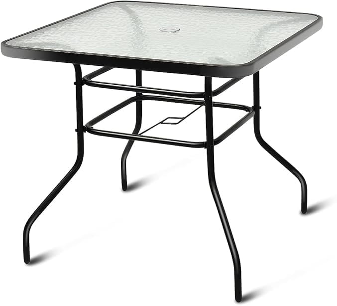 32in Outdoor Table Patio Dining Table Outdoor Dining Table with Umbrella Hole Square Tempered Glass for Yard Bistro - Photo 1