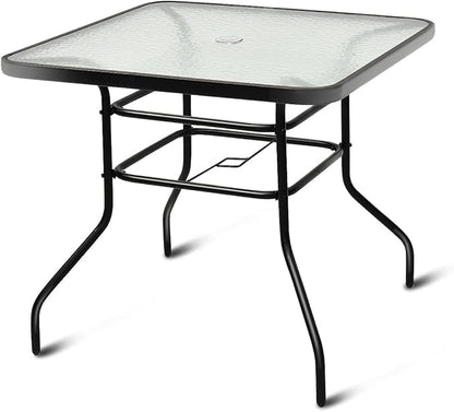 32in Outdoor Table Patio Dining Table Outdoor Dining Table with Umbrella Hole Square Tempered Glass for Yard Bistro Lawn Balcony (Black, Square 31x31x28in)