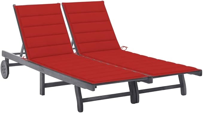 2-Person Acacia Wood Outdoor Chaise Lounge, 78.7 in Grey Patio Recliner with Wheels & Cushions, Adjustable Backrest - Photo 1