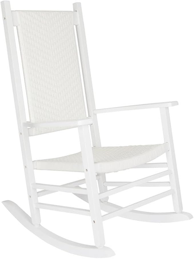 Pemberly Row Traditional Hardwood Patio Porch Rocker, White Finish, 45.25" H x 27" W x 34" D, Ergonomic High Back, Durable Kiln-Dried Wood, Outdoor/Indoor Seating for Porch, Patio, or Garden