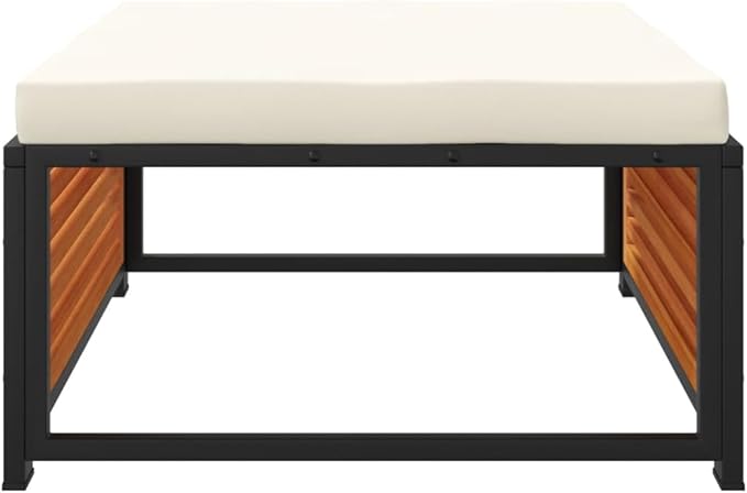 Garden Stool Cream White Solid Acacia Wood with Powder-Coated Steel Frame and Removable Cushion, Modern Outdoor Footrest Seat for Balcony Patio
