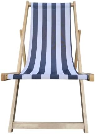 Populus Wood Sling Chair Blue Stripe Folding Chaise Lounge Chair for Outdoor Beach Pool Patio Dark Blue Adjustable Recliner No Assembly Needed