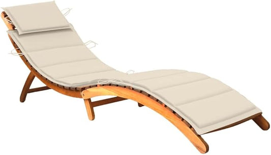 Cushioned Sun Lounger, Solid Acacia Wood, Adult Foldable Outdoor Chaise Lounge Chair, Cream Finish, 21.7 x 72.4 x 25.2 in for Patio Garden Lounge Chairs