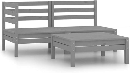 3-Piece Modular Garden Lounge Set, Solid Pine Wood Patio Furniture with Table, Weathered Grey Finish for Outdoor Backyard Living Space