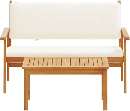 vidaXL Cream White Outdoor Bench Set with Cushions Acacia Wood Patio Furniture for Balcony and Garden Comfortable Seating 2 People Stylish Coffee Table Cozy Cushioned Modern Design Living Space.