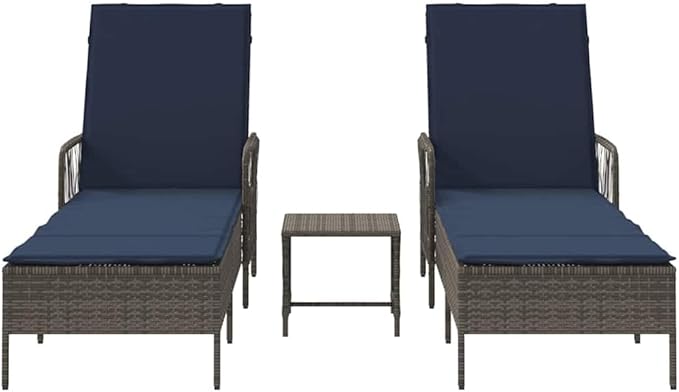 3-Piece Outdoor Lounge Set Grey-Navy Poly Rattan Adjustable Chaise 78.74x21.65x36.22 in with Side Table Cushions Modern - Photo 7