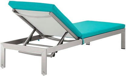 Modway Shore Aluminum Outdoor Patio Chaise Poolside Lounge Chair with Cushion in Silver Turquoise