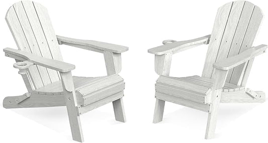 LOUNZY Folding Adirondack Chairs Set of 2, HDPE All-Weather Folding Adirondack Chair with Cup Holders, Outdoor Patio Adirondack Chair for Deck Lawn Fire Pit, White