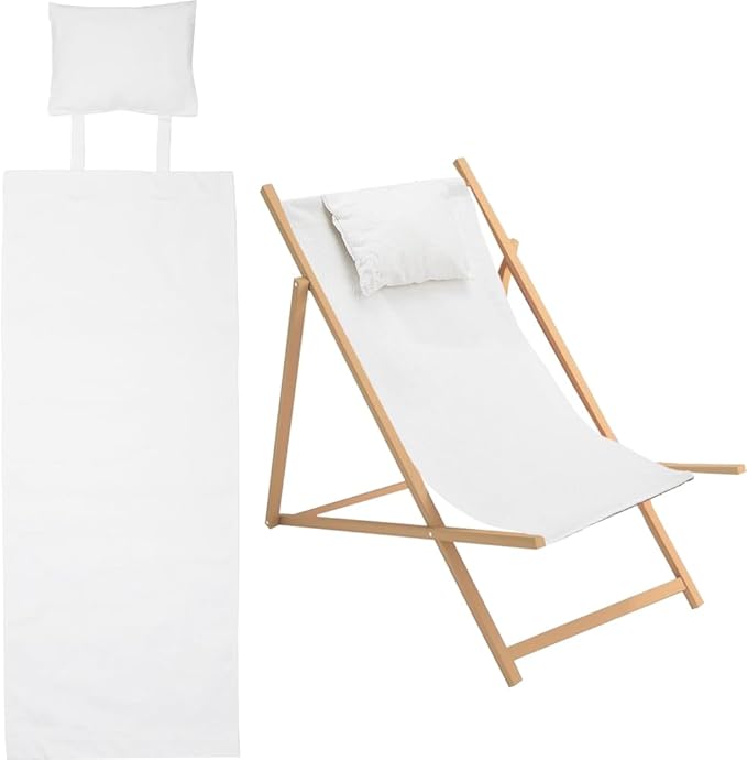 GORGECRAFT 44x16 Beach Sling Chair Canvas Cloth with Pillow 1.5mm Thick White Casual Lounge Chair Replacement Canvas Outdoor Folding Chair Fabric for Patio Beach Sunbathing Garden Courtyard