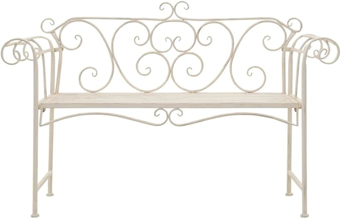 Antique White Metal Garden Bench with Decorative Inlays 52 Inch Width, Vintage Scroll Backrest, Sturdy Powder-Coated Steel, Weather-Resistant Outdoor Seating for Patio
