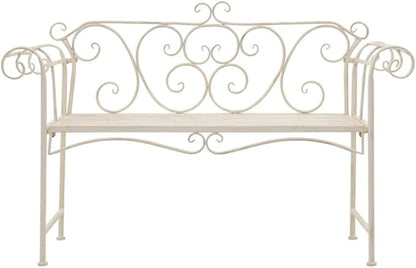 Antique White Metal Garden Bench 52 Inch Width with Decorative Inlays, Vintage Scroll-Patterned Backrest, Sturdy Powder-Coated Steel Construction, Weather-Resistant Outdoor