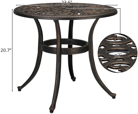 Patio Cast Aluminum Side Table with Umbrella Hole, Outdoor End Table Small Round Coffee Table for Backyard, Garden, Porch, Balcony, Pool Side, Indoor, Weather Resistant, Bronze