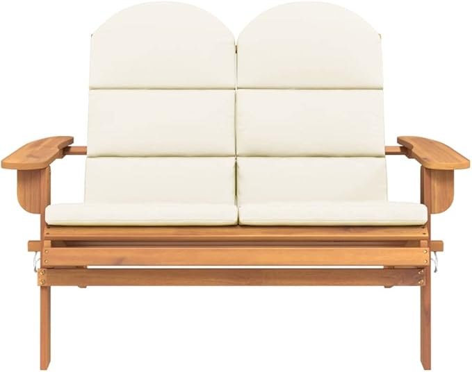Solid Acacia Wood Garden Bench with Cream Cushions, Foldable Outdoor Bench for Patio Balcony Garden, Rustic Farmhouse Style, 49.6" Wide Seats 2