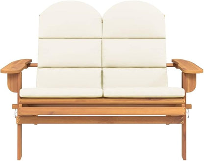 Adirondack Patio Bench with Cushions 49.6 Inch Outdoor Solid Acacia Wood Garden Bench Foldable Backyard Furniture for Porch Deck Poolside Comfortable Seating with Cream White Cushions