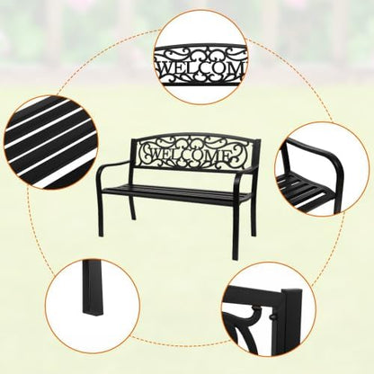 50" Outdoor Garden Bench, Patio Furniture Metal Outdoor Chair with Cast Iron Frame, Weather Proof 2-Person Outdoor Loveseat with Welcome Backrest for Park, Porch, Pool, Backyard
