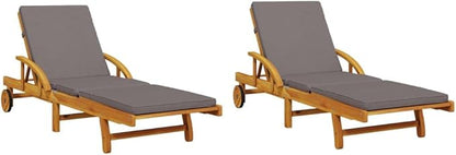 Solid Acacia Wood Adjustable Chaise Lounge Set of 2, 78.7 in Outdoor Recliner with Cushions, Brown Patio Lounger for Garden, Poolside, Balcony