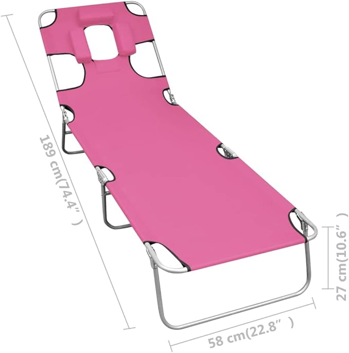 Pink Folding Sun Lounger Outdoor Chaise Lounge Chair 74.4x22.8x10.6 in Powder-Coated Steel Frame Adjustable Backrest - Photo 2