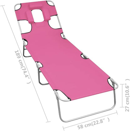 Pink Folding Sun Lounger Outdoor Chaise Lounge Chair 74.4x22.8x10.6 in Powder-Coated Steel Frame Adjustable Backrest Beach Patio Poolside for Garden Balcony Camping