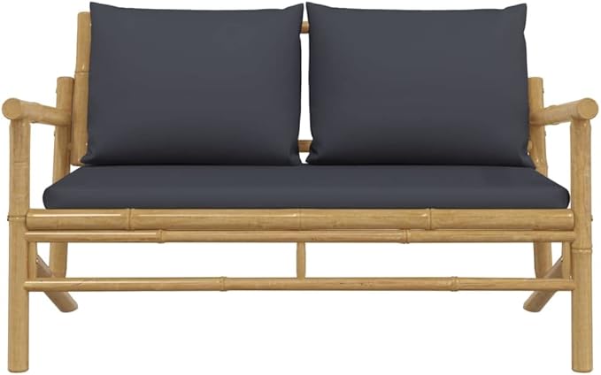 Natural Bamboo Garden Bench with Dark Grey Polyester Cushions 2 Seater Outdoor Patio Furniture Weather-Resistant Comfortable Seating Minimalist Style