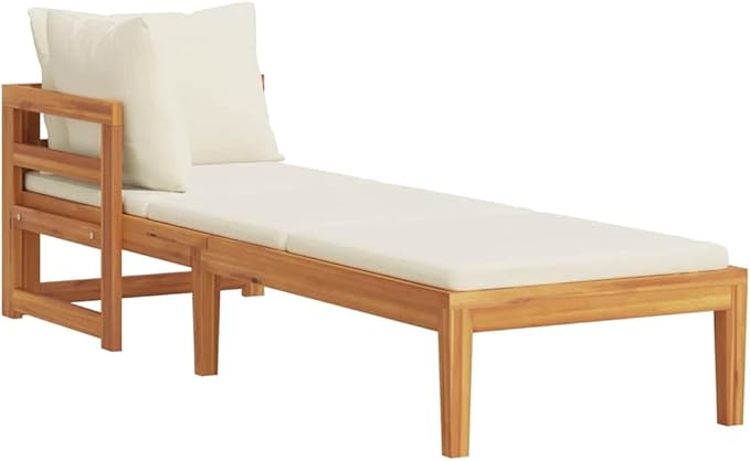 Acacia Wood Outdoor Chaise Lounge with Detachable Armrest Cream White 73" Patio Daybed Cushioned All Weather for Garden - Photo 2