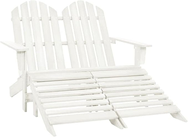 White Fir Wood 2-Seater Ergonomic Adirondack Chair with Ottoman for Outdoor Patio Garden - Photo 1