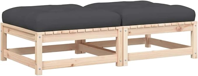 Solid Pine Wood Rustic Patio Footstool Set with Cushions, Gray Natural Wood Finish - Photo 2