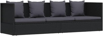 Patio Bed Adjustable Armrests Outdoor Chaise Lounge Rectangular Sofa with Removable Cushions for 3 Adults, Manual Multi-Position Backrest, Durable Poly Rattan