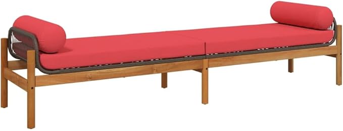 Brown and Red PE Rattan Patio Bench with Removable Cushion Covers, 2-Piece Outdoor Furniture Set for Garden Balcony Patio, Modern Acacia Wood Frame, Weather-Resistant Durable
