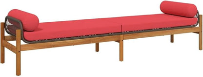 Brown and Red PE Rattan Patio Bench with Removable Cushion Covers, 2-Piece Outdoor Furniture Set for Garden Balcony Patio, Modern Acacia Wood Frame and Durable Steel