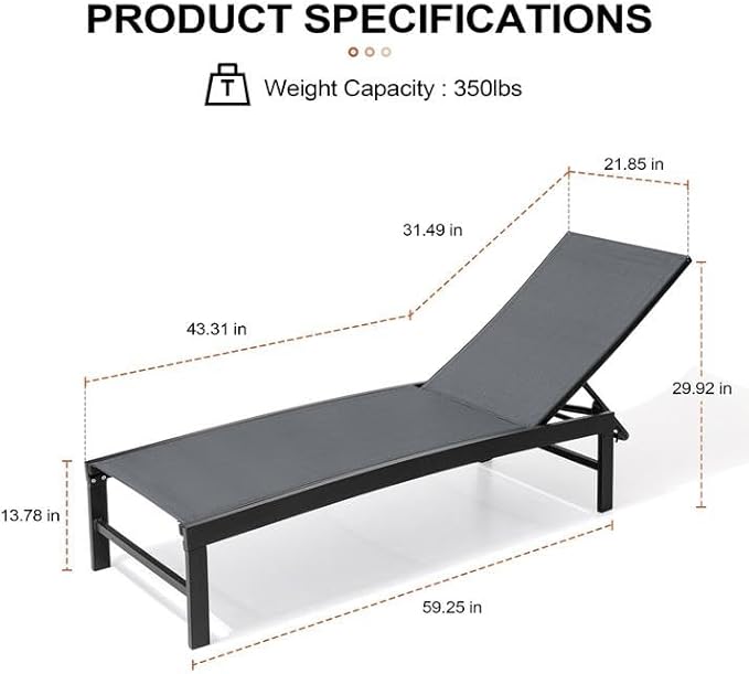 Crestlive Products Chaise Lounge Chair Outdoor Set of 2, Adjustable 5 Positions Pool Lounge Chairs, Metal Tanning Recliner, Outdoor Furniture All Weather for Patio, Beach, Yard, Pool