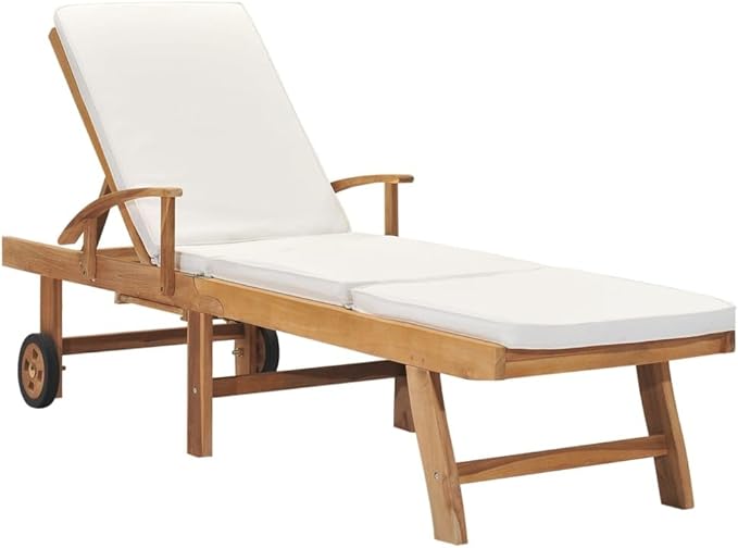 Pool Lounge Chairs, Lounge Chair Outdoor Furniture, Sun Lounger with Cushion Solid Teak Wood Cream - Photo 1