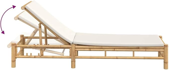 Bamboo Sun Lounger Cream 78" Outdoor Chaise Lounge Adjustable Backrest Patio Recliner with Cushion for Poolside Garden - Photo 6