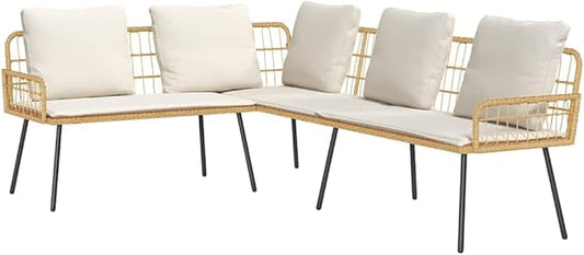 Outdoor Patio Sofa Brown PE Rattan Small Couch 90.9x68.1x30.7 in Metal Frame with Bench Cushion Modern L-Shaped Garden Furniture for Garden Balcony Deck