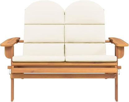 Adirondack Garden Bench, Solid Acacia Wood Outdoor Patio Seat with Cream Cushions, Foldable 2-Person Loveseat for Balcony, Porch, and Backyard