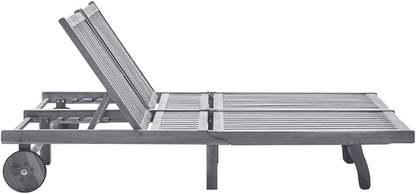 Outdoor Sun Lounger for Two, Solid Acacia Wood Patio Furniture with Adjustable Backrest and Wheels, Grey Weathered Finish Poolside Garden Balcony Chaise Lounge