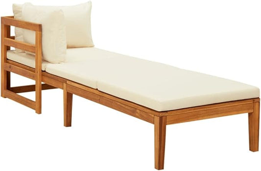 Sun Lounger with 1 Armrest Cream White,Lounge Chair Wooden,Sun Chair,Long Chairs for Outside,Pool Chaise Lounge Chair,Modern Patio Furniture,for Patio,Porch,Deck,Solid Acacia Wood