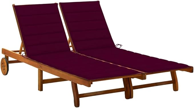 Wine Red 2-Person Acacia Wood Sun Lounger Outdoor Chaise Lounge with Wheels 78.7" Long for Garden Patio Poolside Terrace - Photo 1