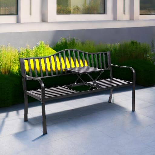 VINGLI 59" Outdoor Metal Bench Patio Bench with Built in Table Park Bench Garden Bench - Photo 5