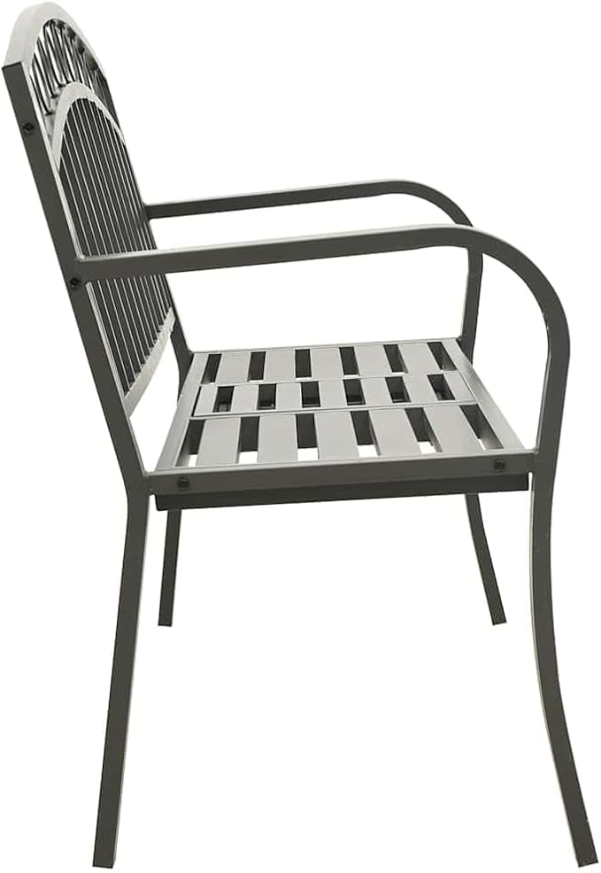 Grey Powder-Coated Steel Garden Bench with Table, Medium Durable Outdoor Seating for Patio, 2-Person Comfortable Relaxation, Weather-Resistant and Low Maintenance Furniture