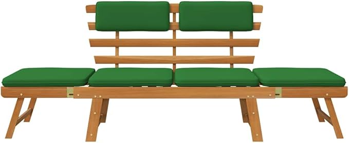 Convertible Garden Bench with Cushions, Outdoor Daybed, Acacia Wood Patio Furniture, Grey Wash Finish Brown and Green - Photo 4