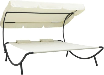 Double Chaise Lounge Outdoor with Adjustable Canopy and Pillow Extra Large Patio Hammock Bed Wheeled for Outside, Sun Room, Garden, Courtyard, Pool,Cream White