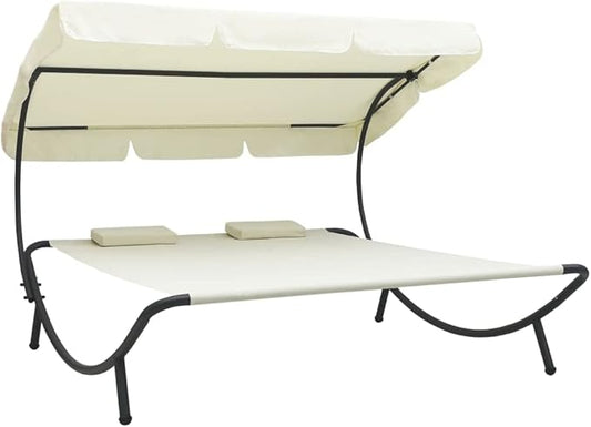 Double Chaise Lounge Outdoor with Adjustable Canopy and Pillow Extra Large Patio Hammock Bed Wheeled for Outside, Sun Room, Garden, Courtyard, Pool,Cream White