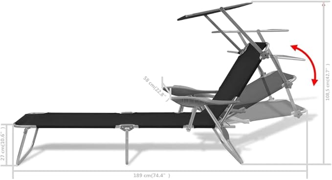Folding Sun Lounger Chair with Canopy, Adjustable Reclining Backrest - Photo 2