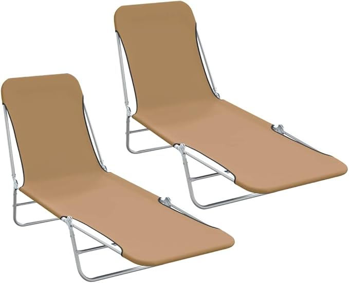 Folding Taupe Sunlounger, Set of 2, 71.7"x22", Steel Frame, Oxford Fabric, Adjustable Backrest & Armrest, 265 lb, Patio Pool Garden