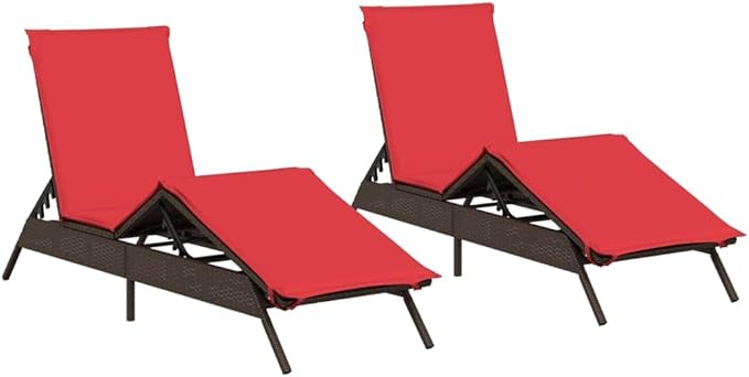 Patio Sun Lounger Set of 2, Outdoor Adjustable Reclining Chaise Lounge Chair with Thick Cushions, Brown PE Rattan Furniture for Poolside, Garden, Balcony, All-Weather Powder-Coated Steel Frame