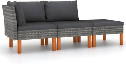 3 Piece Grey Outdoor Sectional Sofa Set 23.6 x 23.6 x 12.6 in Steel Frame Eucalyptus Wood Patio Couch with Removable Cushions for Garden Balcony Terrace