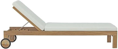 Pemberly Row Solid Teak Wood Outdoor Patio Chaise Lounge, Natural/White Finish, Adjustable Height, Water/UV Resistant Cushions, Mobile Wheels, Machine Washable Covers, 15.5-38.5" H x 28.5" W x 82" D