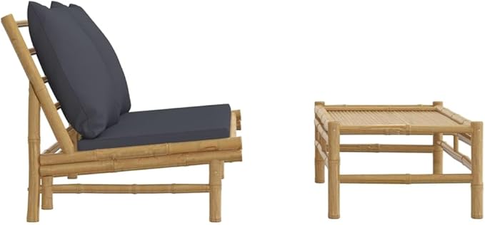 Outdoor Loveseat Dark Grey Natural Bamboo 21.7x39.4x13 in Compact Patio Sectional Sofa for Balcony Garden Terrace - Photo 4